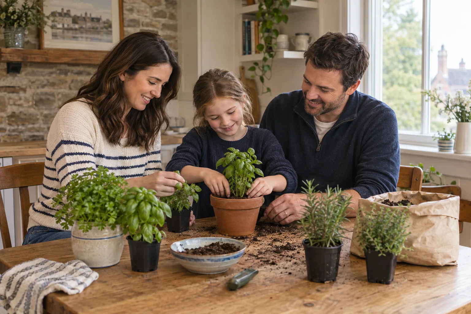 Parents and their child repotting herbs at a kitchen table