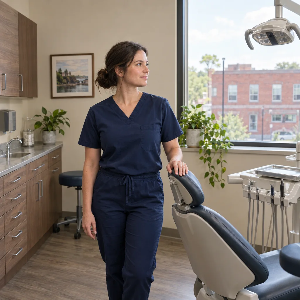 A dentist checking an empty treatment room after the clinic day