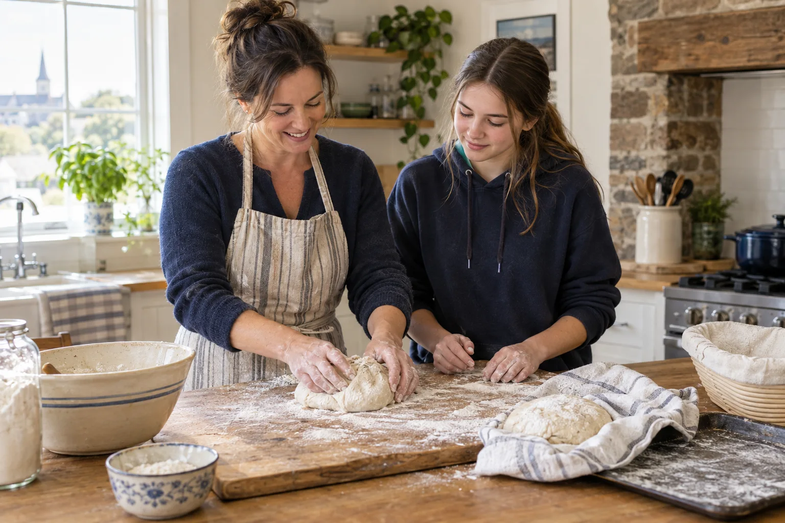 A parent and teenager baking bread in a family kitchen
