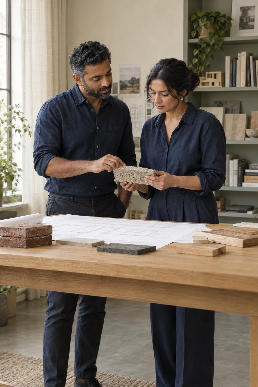 Business partners examining a material sample beside architectural plans