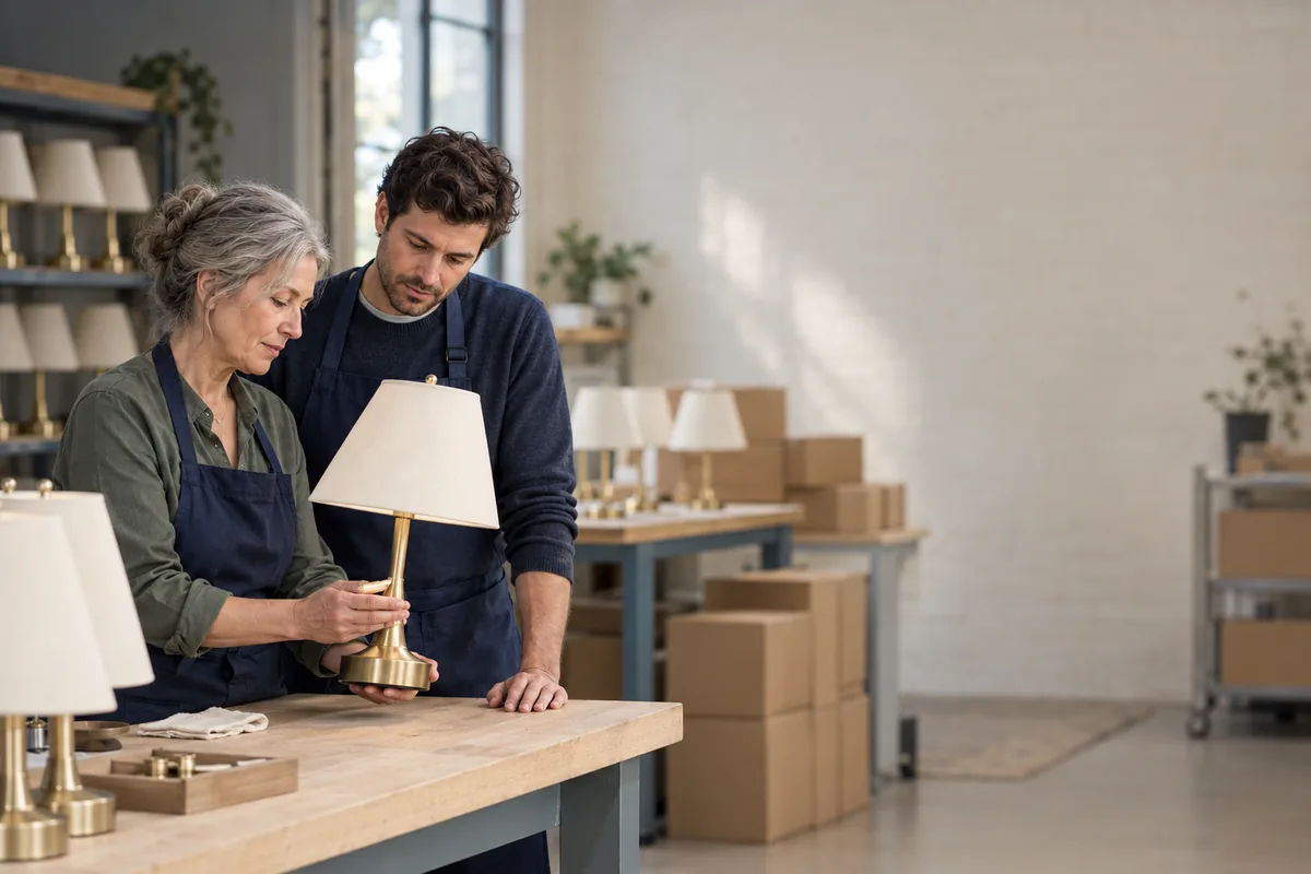 Two colleagues examining a table lamp in a lighting workshop
