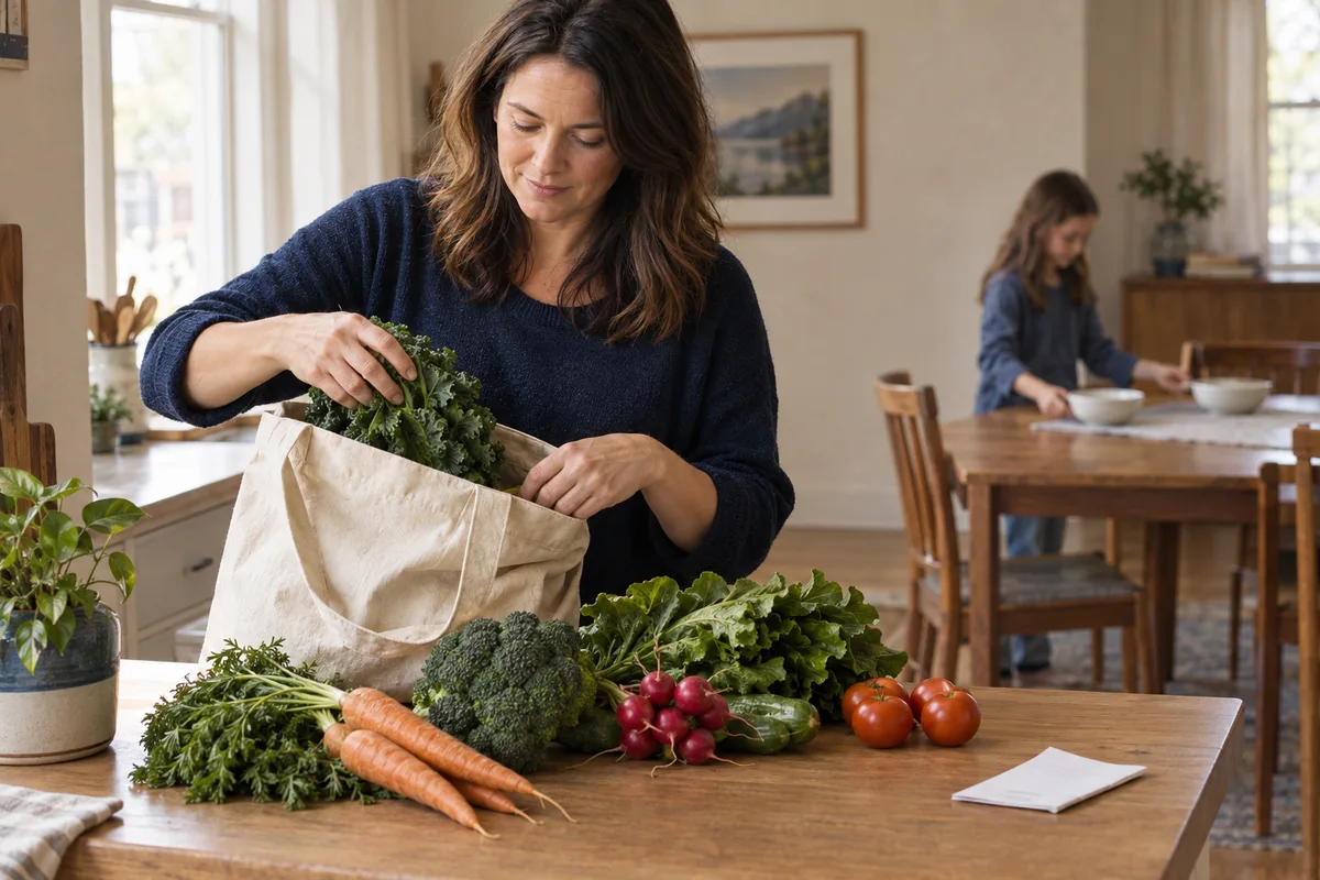 A mother unpacking groceries while her child sets the table in their kitchen