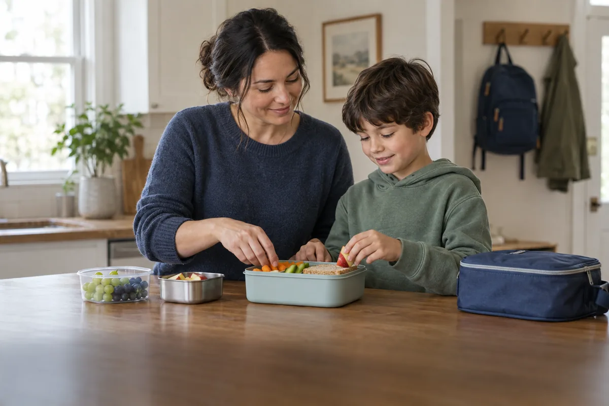 A parent and child preparing a packed lunch at their kitchen counter