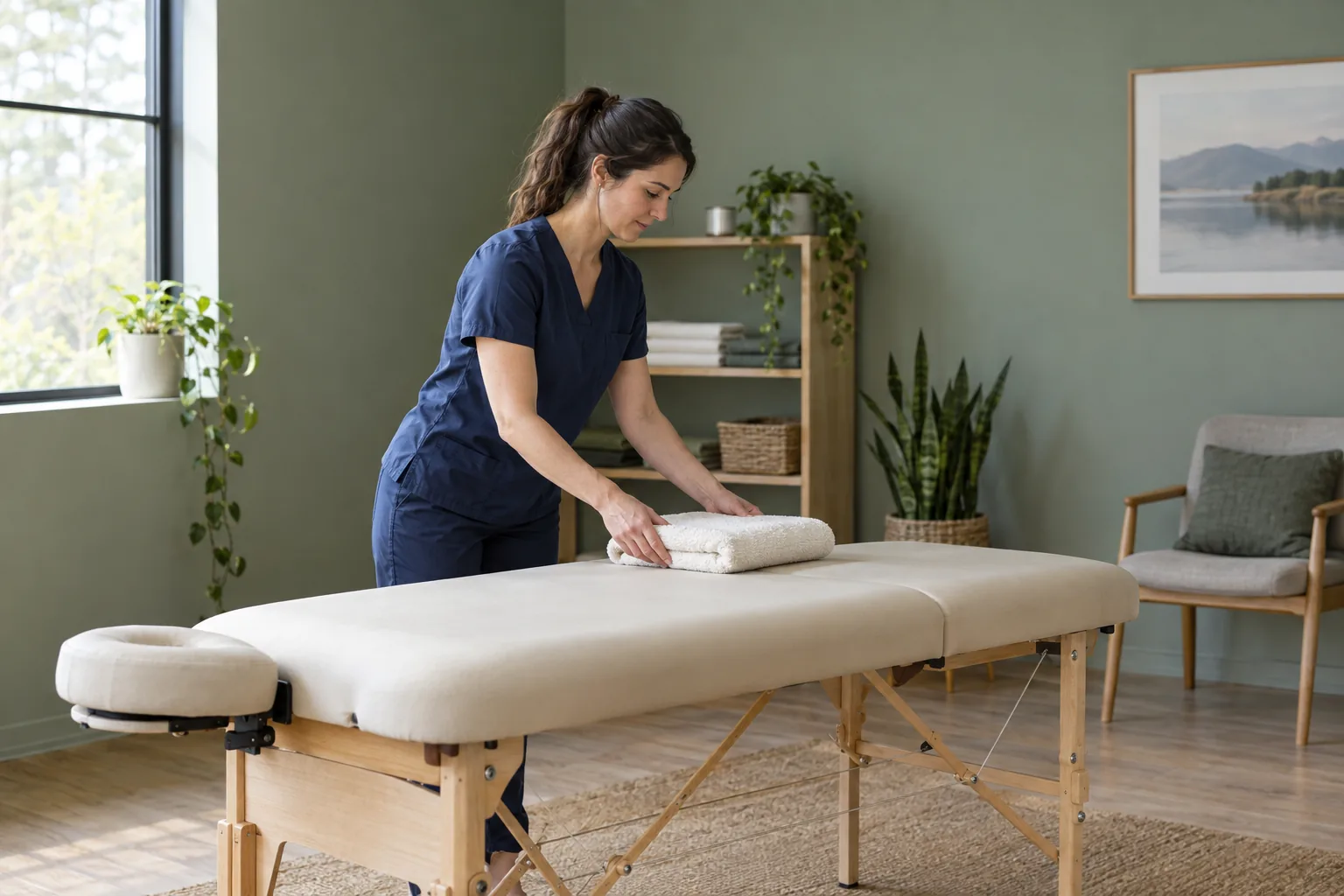 A physiotherapist arranging towels on a treatment table before her working day