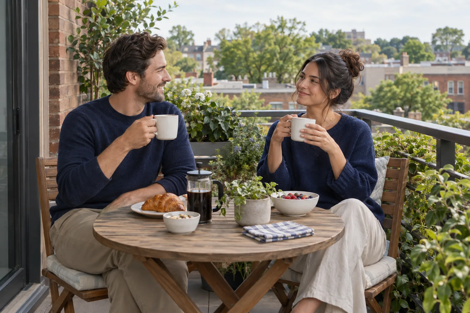 A couple enjoying breakfast on a planted balcony