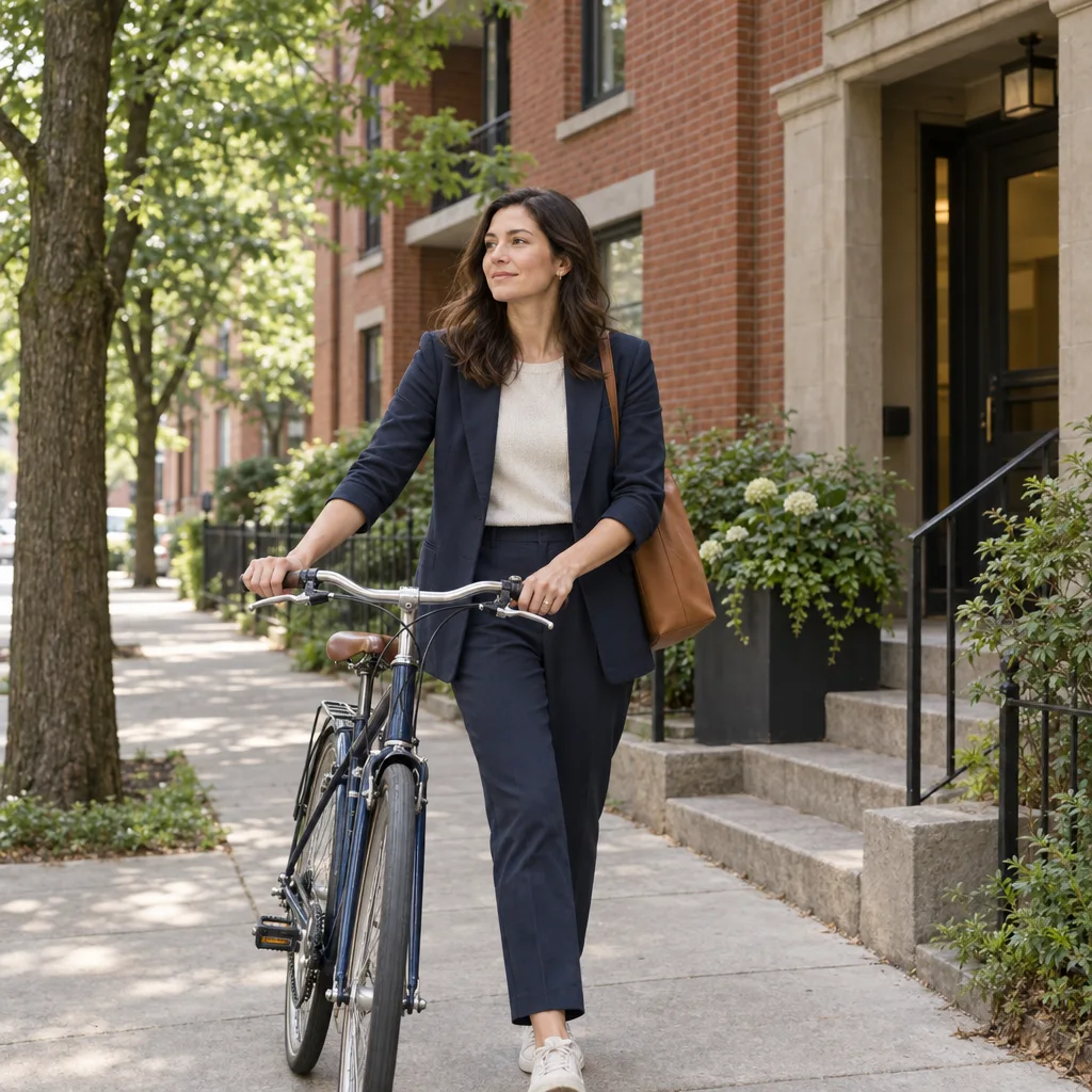A woman walking her bicycle past a brick apartment entrance
