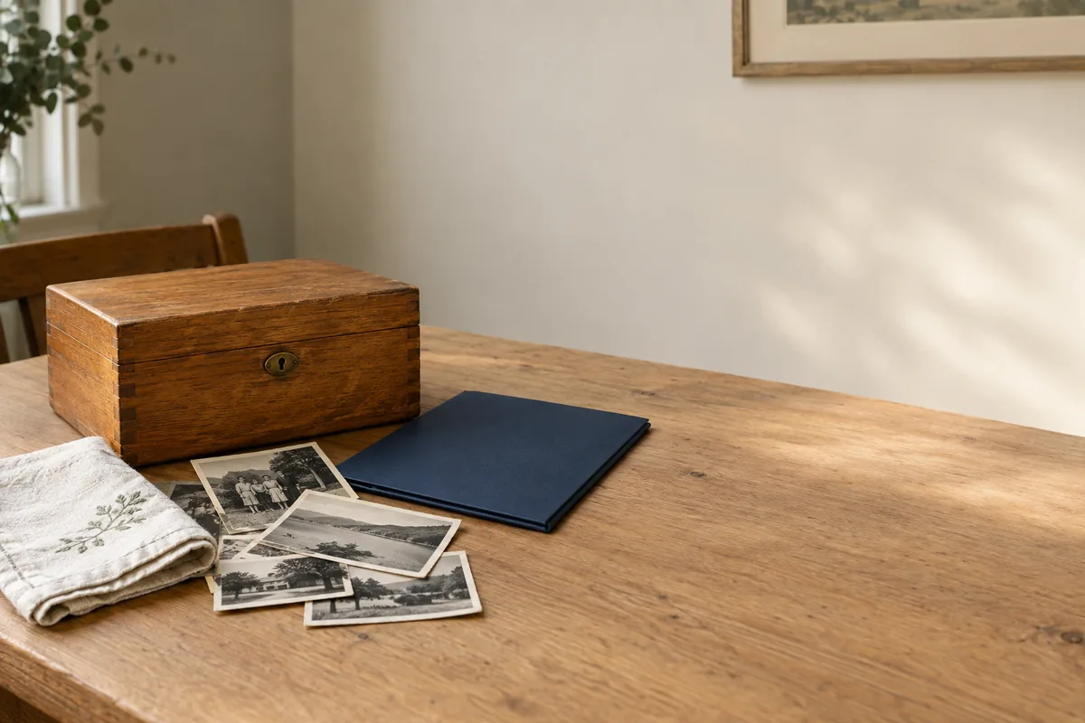 Family photographs and a keepsake box beside a navy folder on a wooden table