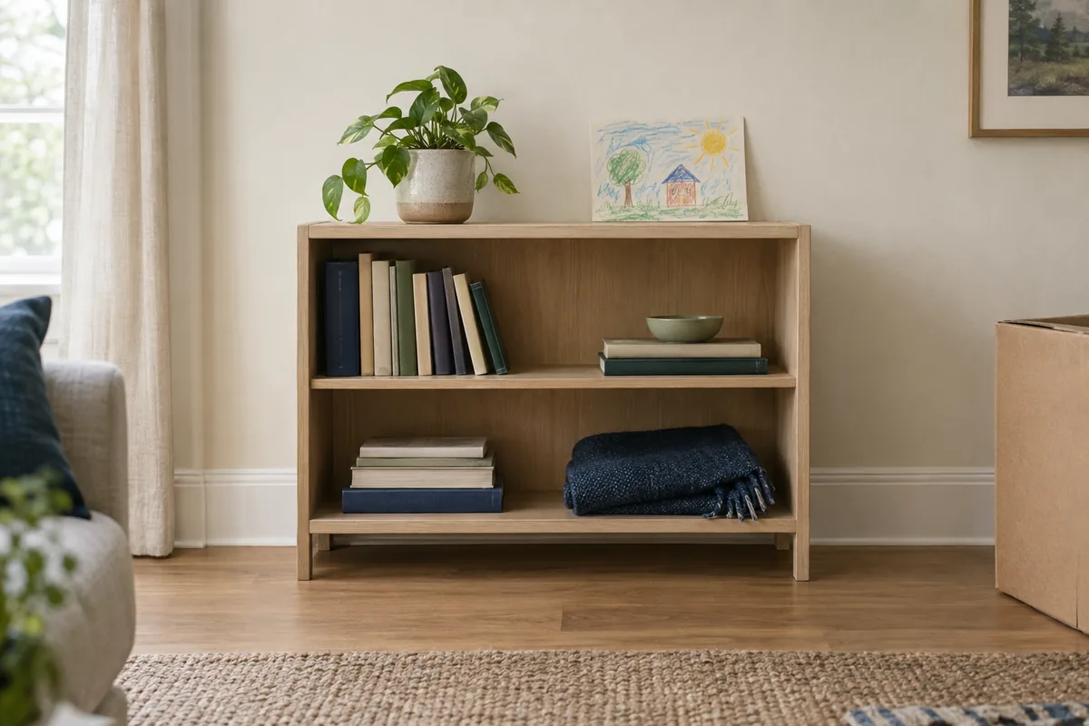 Books, a small plant and a child’s artwork on a newly arranged shelf