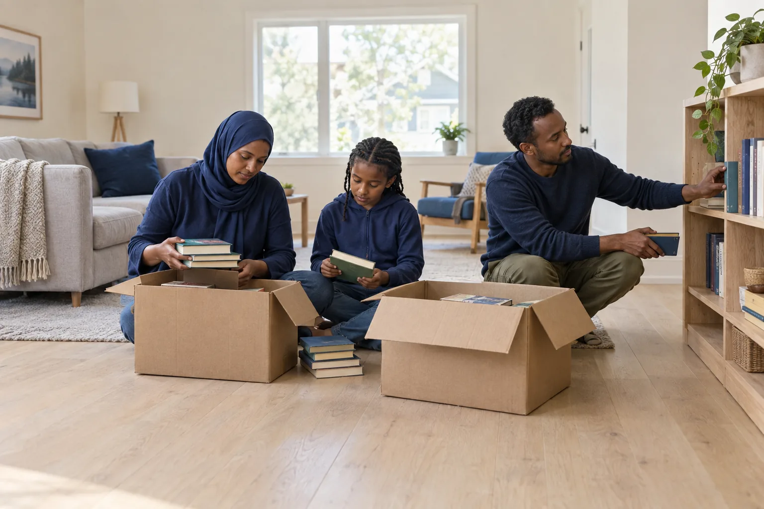 Parents and their daughter unpacking books together in a new home