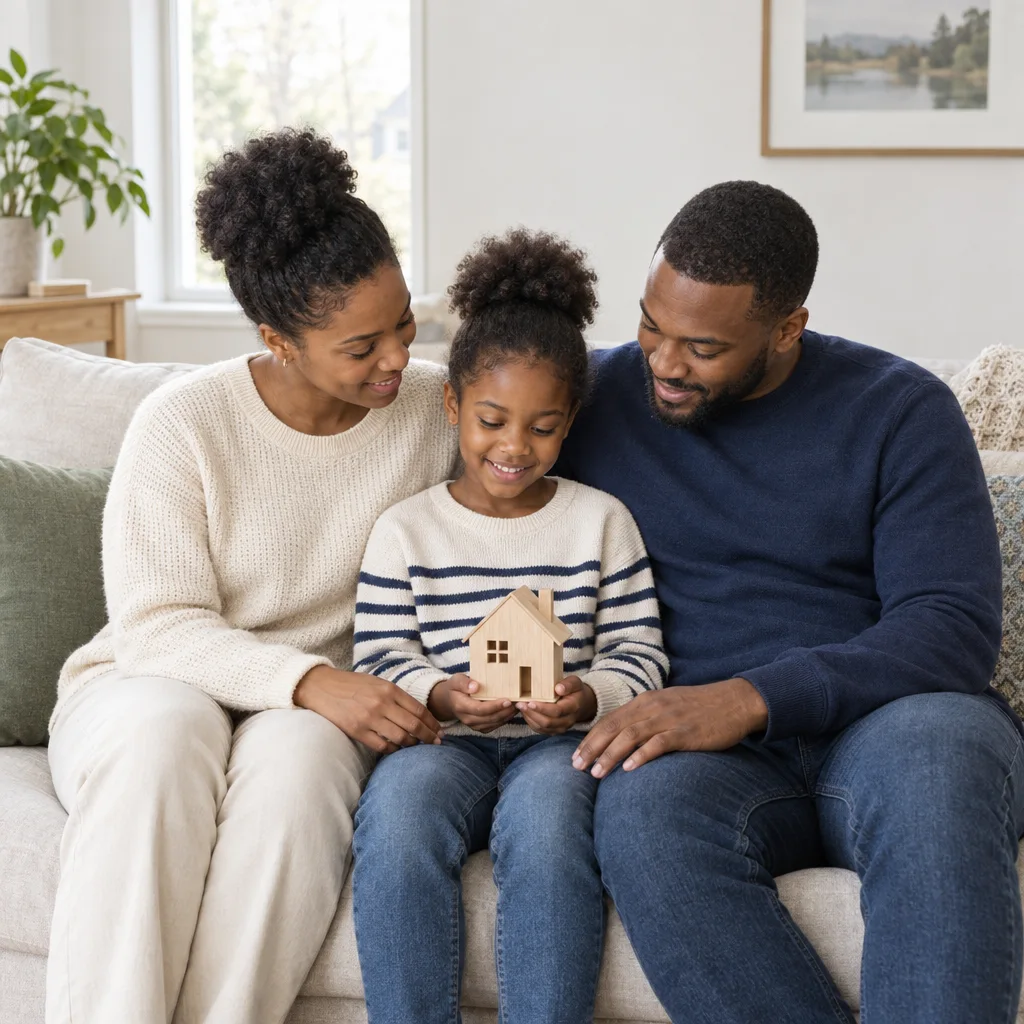 Parents sharing a moment with their child and a wooden toy house at home.