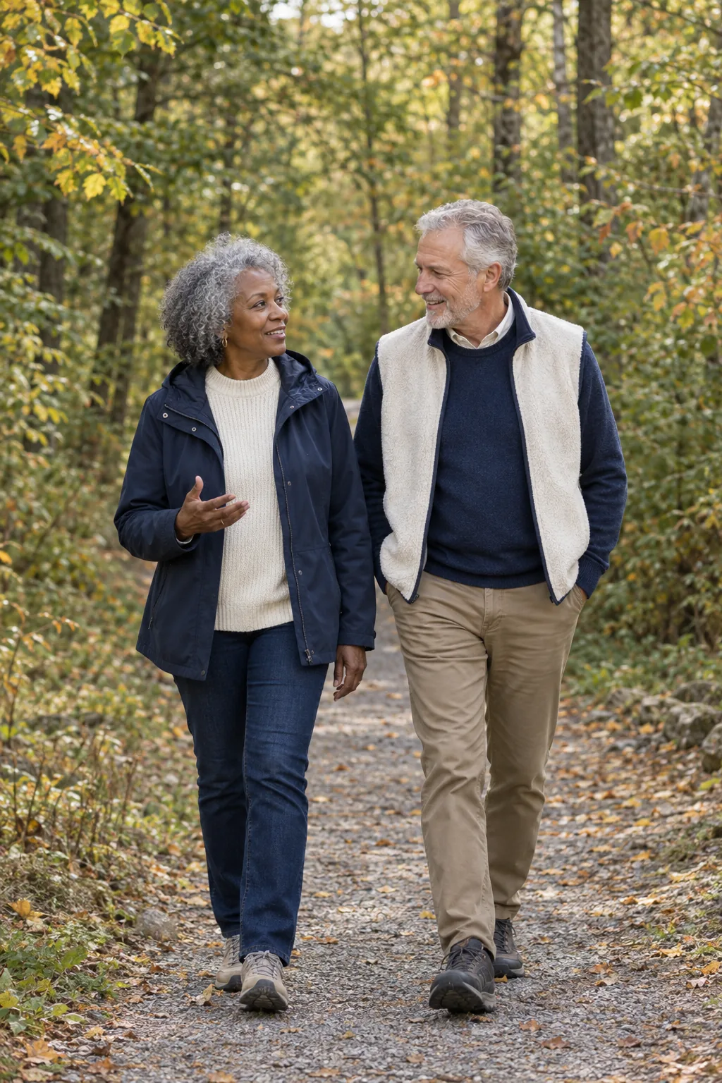 A couple enjoying a walk together on a woodland trail