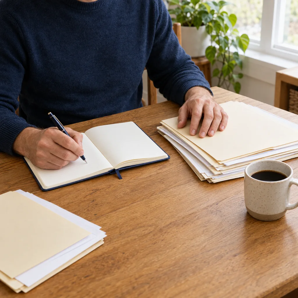 A person reviewing household paperwork and making notes at a wooden table.