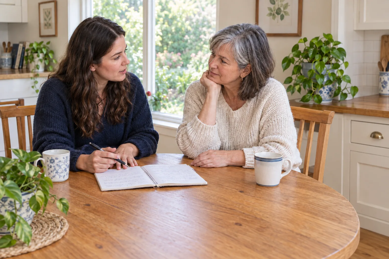 A mother and her adult daughter talking through notes at their kitchen table.