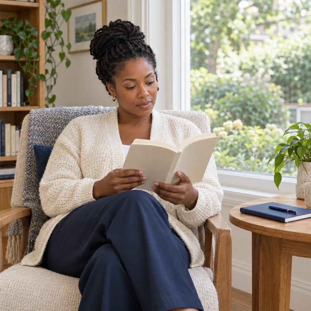 A woman reading beside a window with a notebook close at hand.
