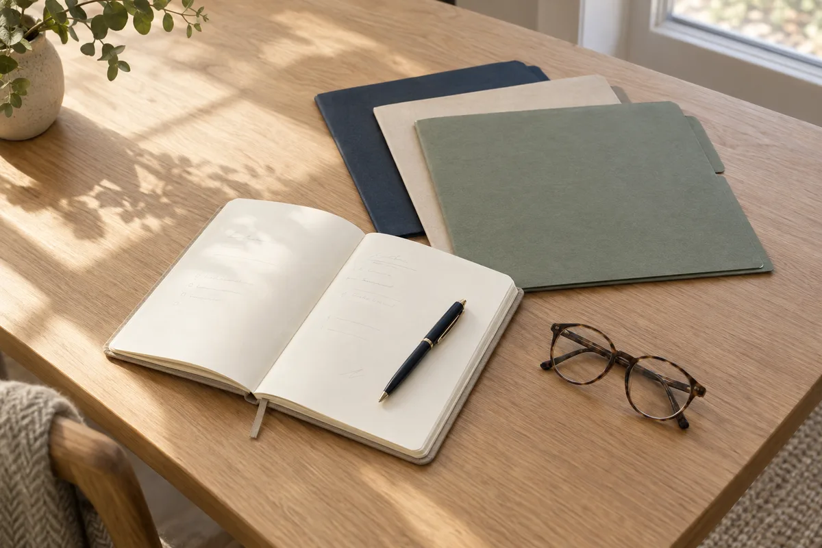 An open planning notebook, pen and organized folders on a sunlit desk