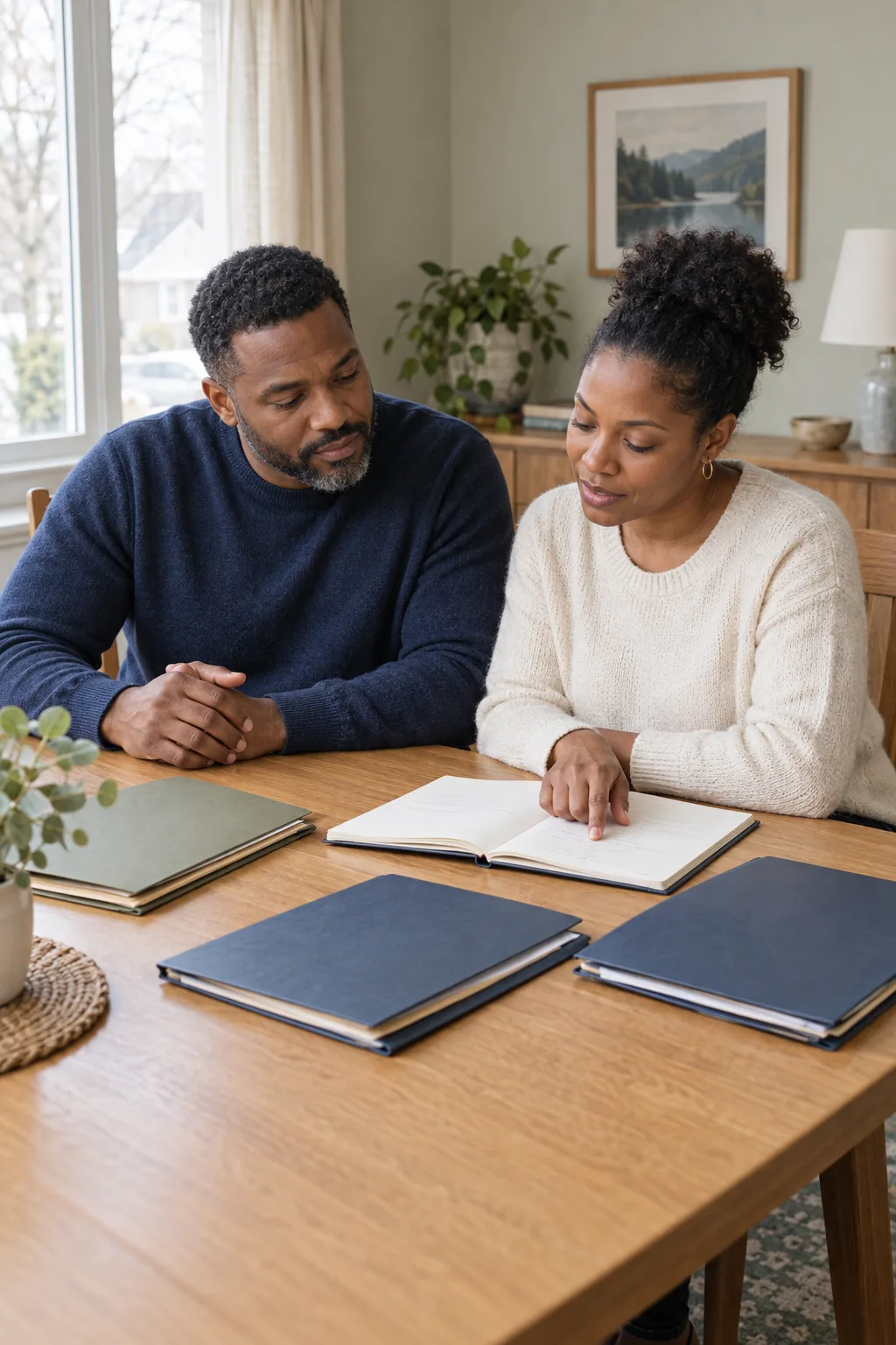 A couple reviewing their account folders and shared priorities at the dining table