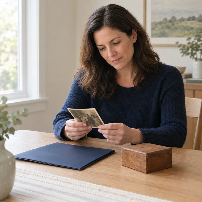 A woman reflecting on a family photograph beside a document folder and keepsake box