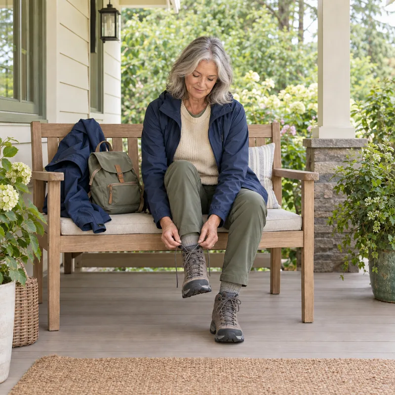 A woman preparing her walking boots on a garden porch