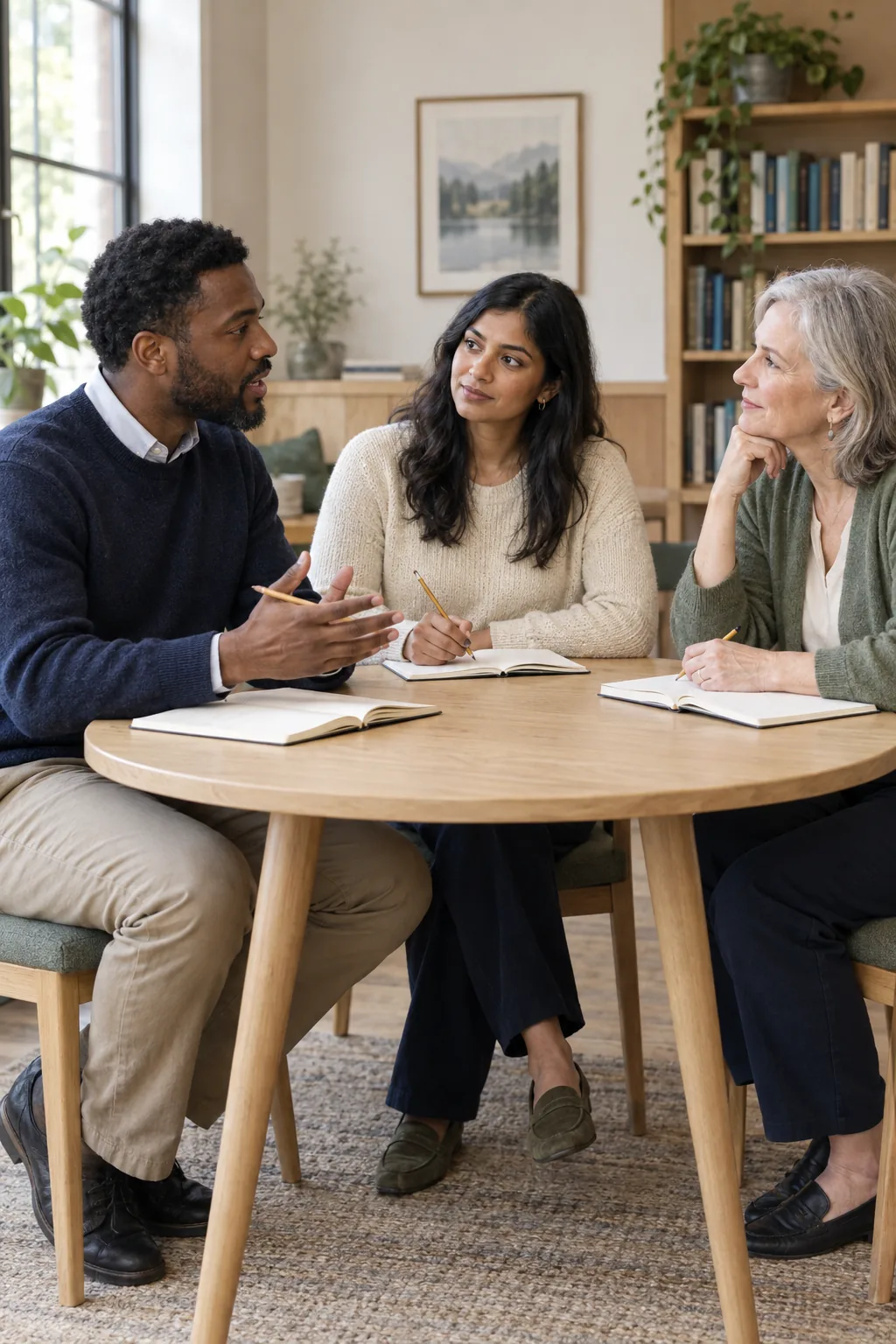 Illustrative scene of adults working through an exercise in a professional learning workshop