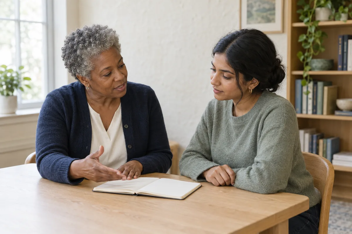 Illustrative scene of a mentor and learner discussing a notebook during a professional learning session