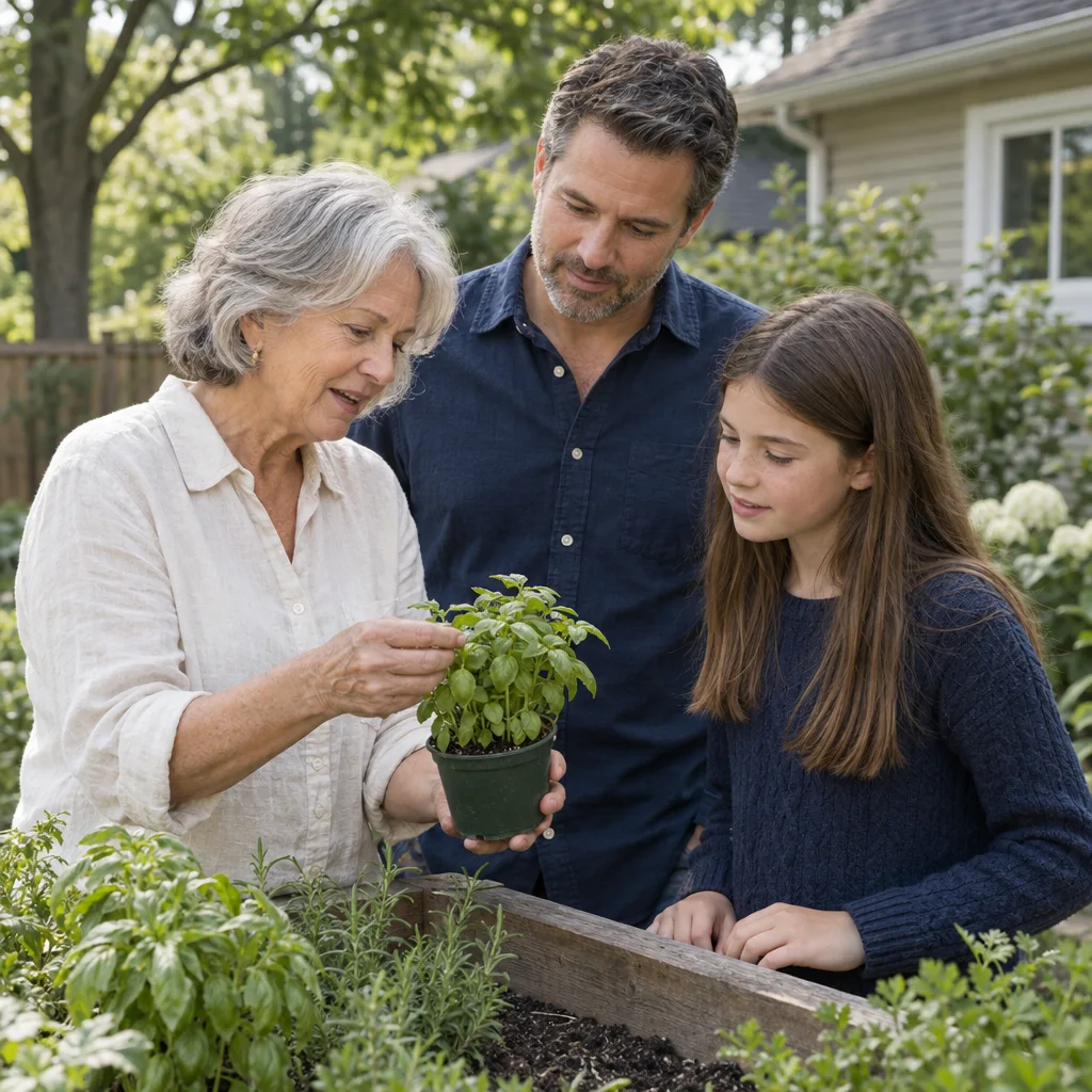 A grandmother, father and daughter tending herbs together in their garden.