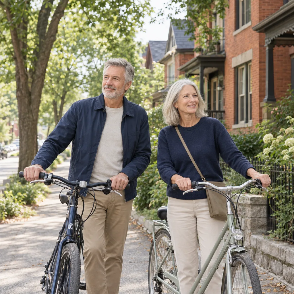 An older couple with bicycles on a street lined with brick homes