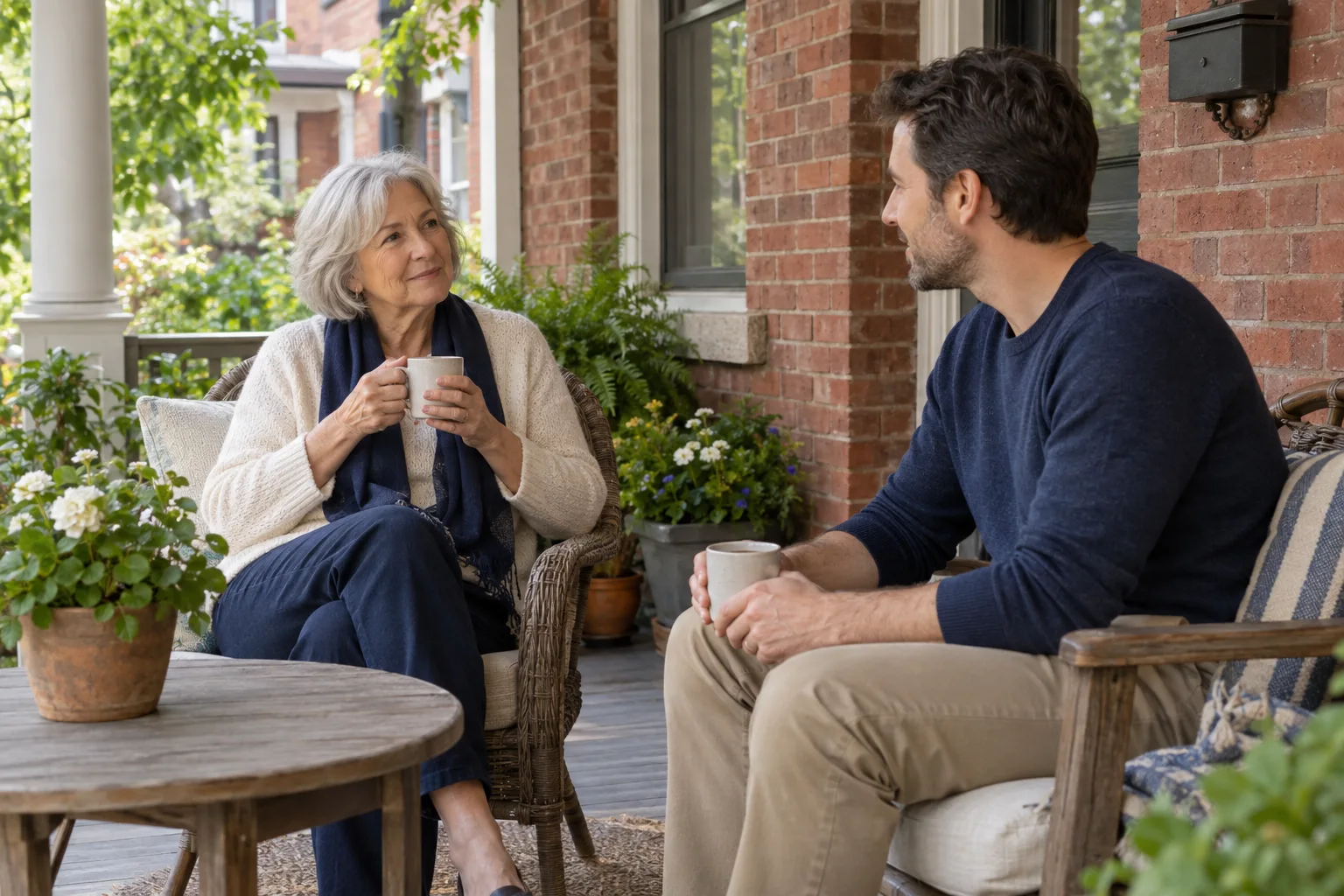 A parent and adult child sharing coffee on a shaded porch