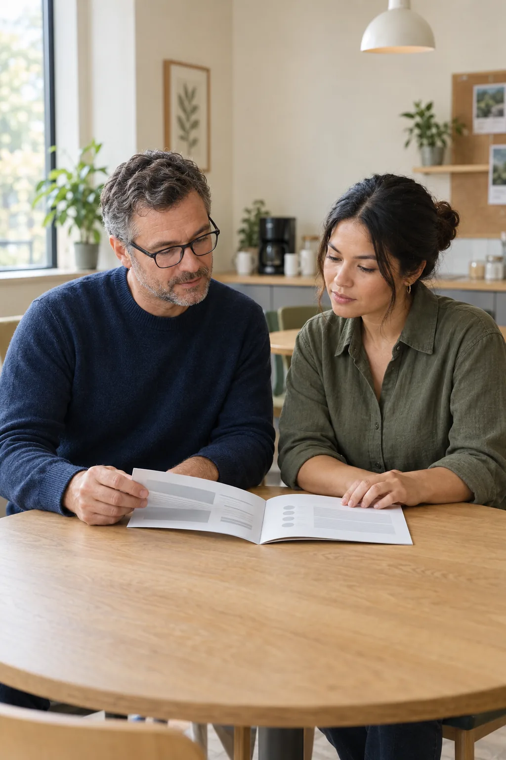 A small-business owner and employee discussing a benefits booklet