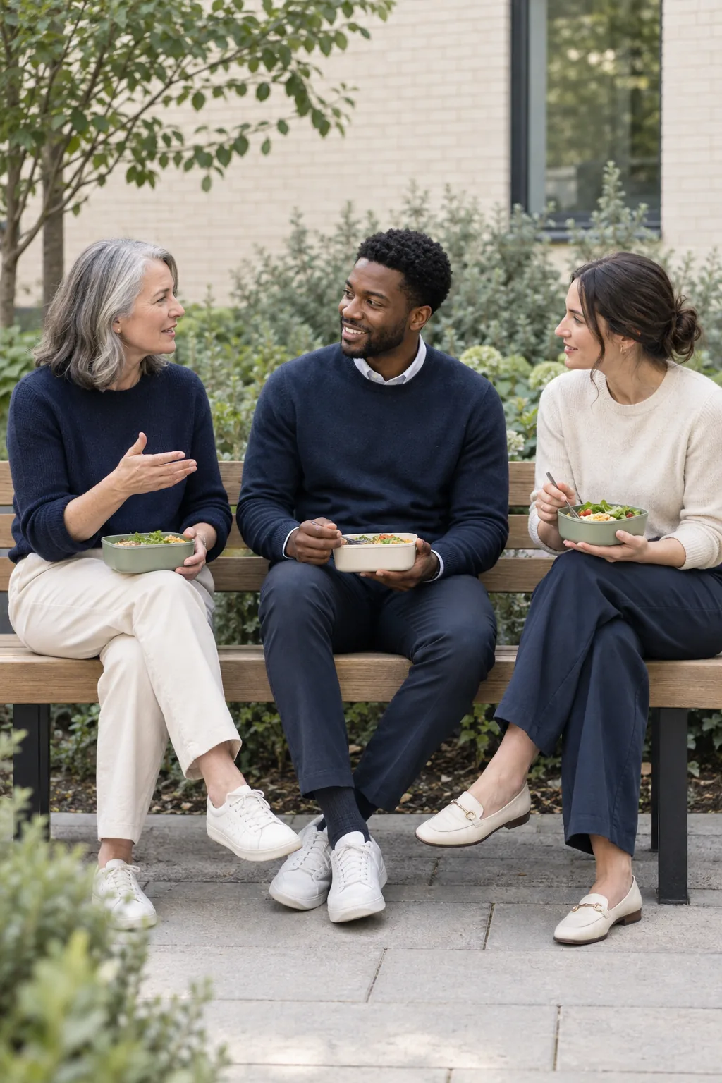 Colleagues of different ages sharing a break outside a small workplace