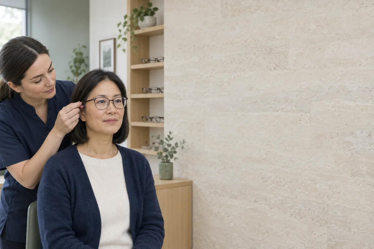 An optician checking the fit of a woman’s prescription glasses