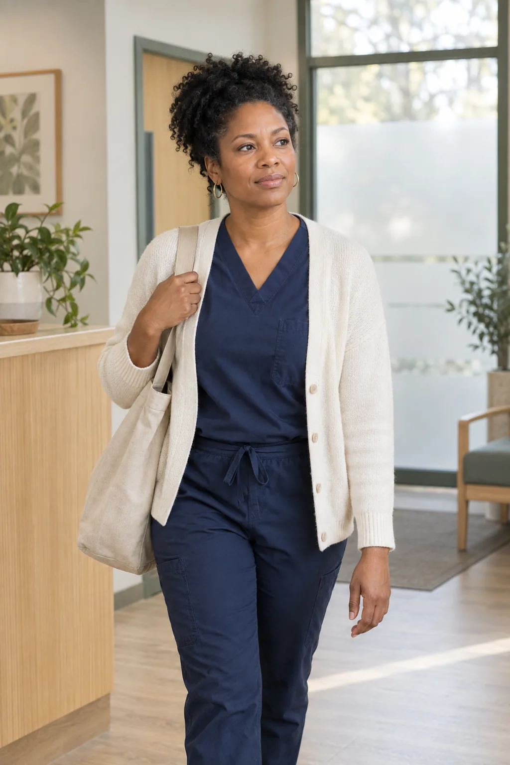A healthcare professional leaving a clinic with her bag after work