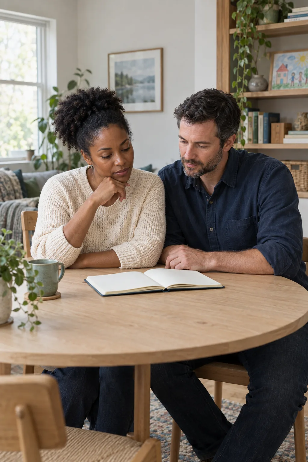 A couple talking through their plans at a sunlit table at home