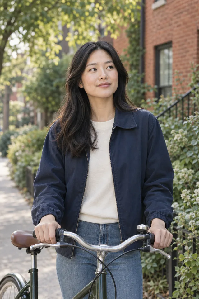 A young professional pausing with her bicycle on a leafy residential street