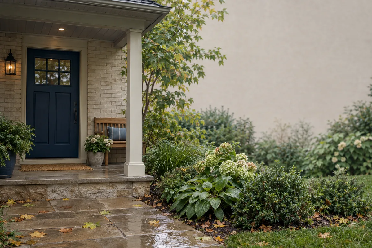 A welcoming brick home with a covered front porch and garden