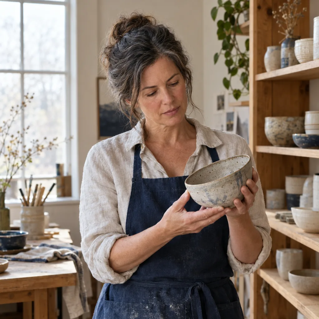 A woman considering a handmade bowl in her sunlit ceramics studio
