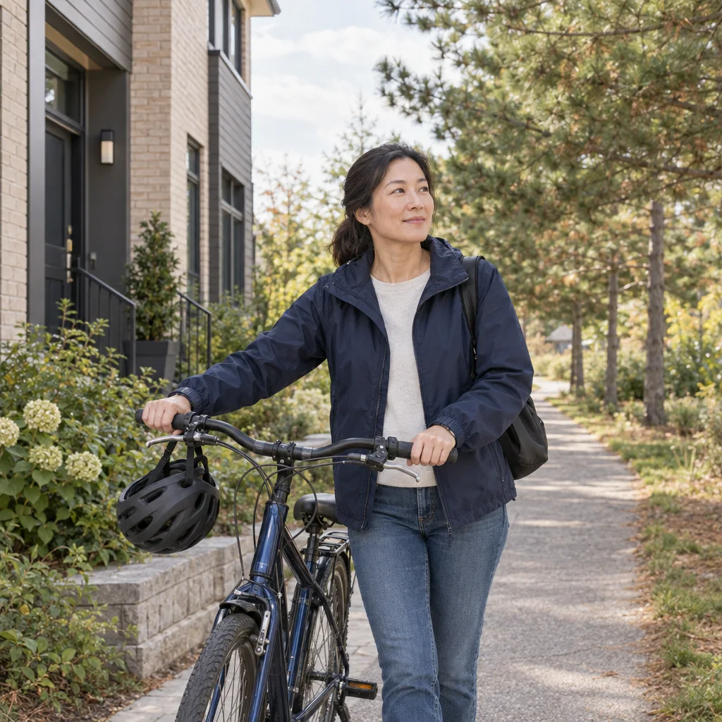 A woman with her bicycle beside a contemporary brick townhouse