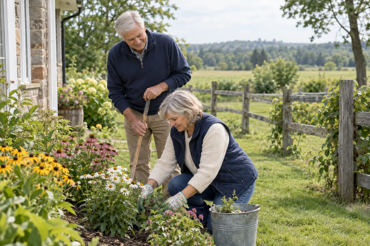 An older couple tending flowers in a rural garden