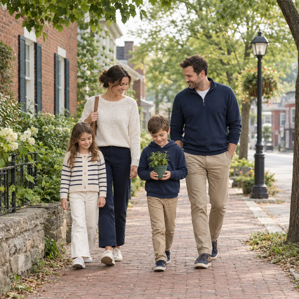 A family walking along a leafy small-town street with a potted plant