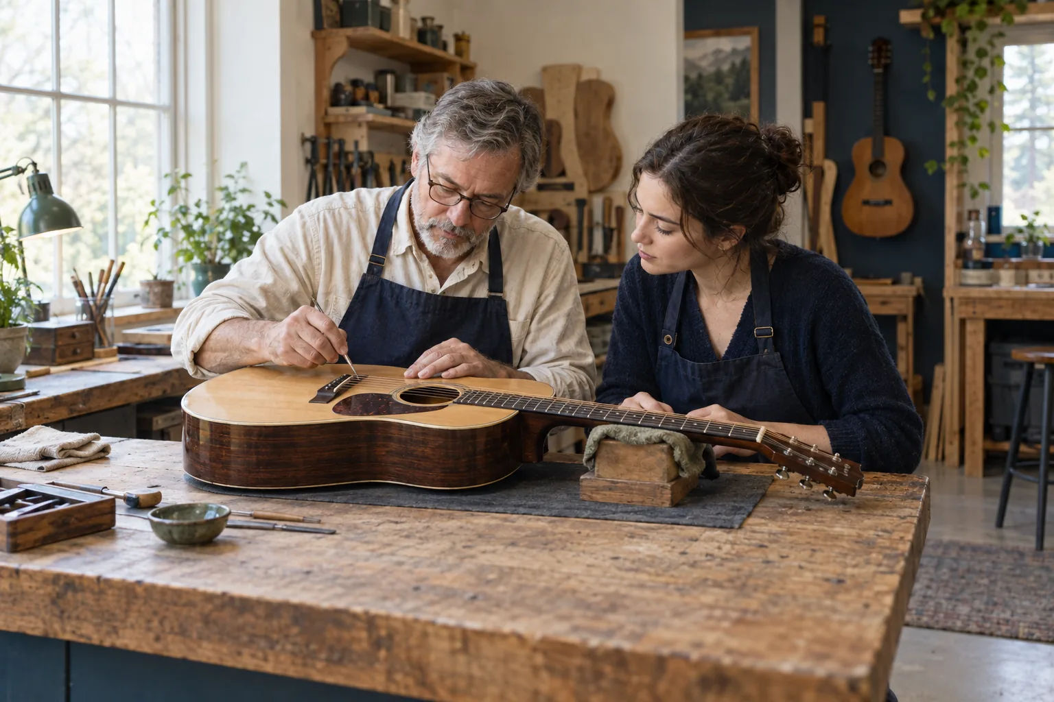 An experienced instrument maker sharing guitar repair techniques with a colleague