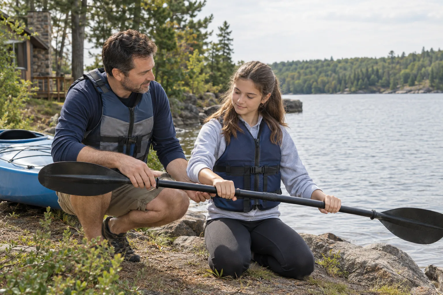 A father showing his daughter how to hold a kayak paddle on shore