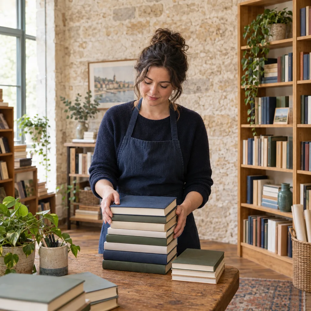 An independent bookshop owner arranging a stack of books