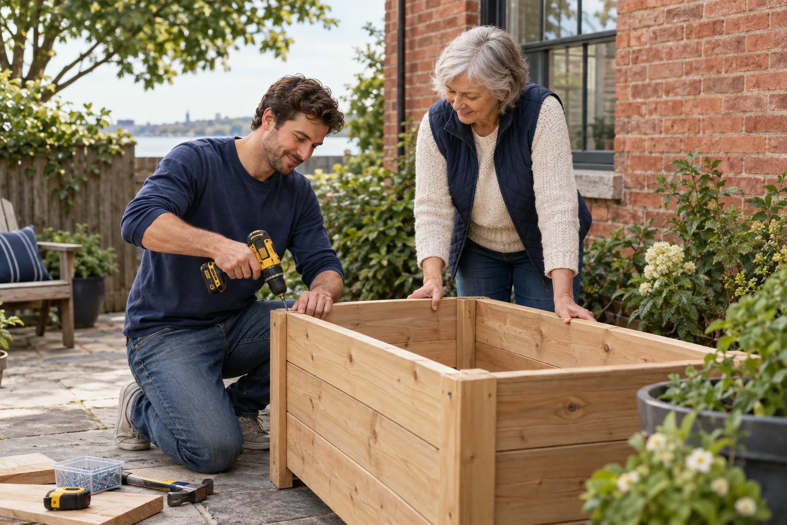 A tradesperson and an older parent assembling a wooden garden planter