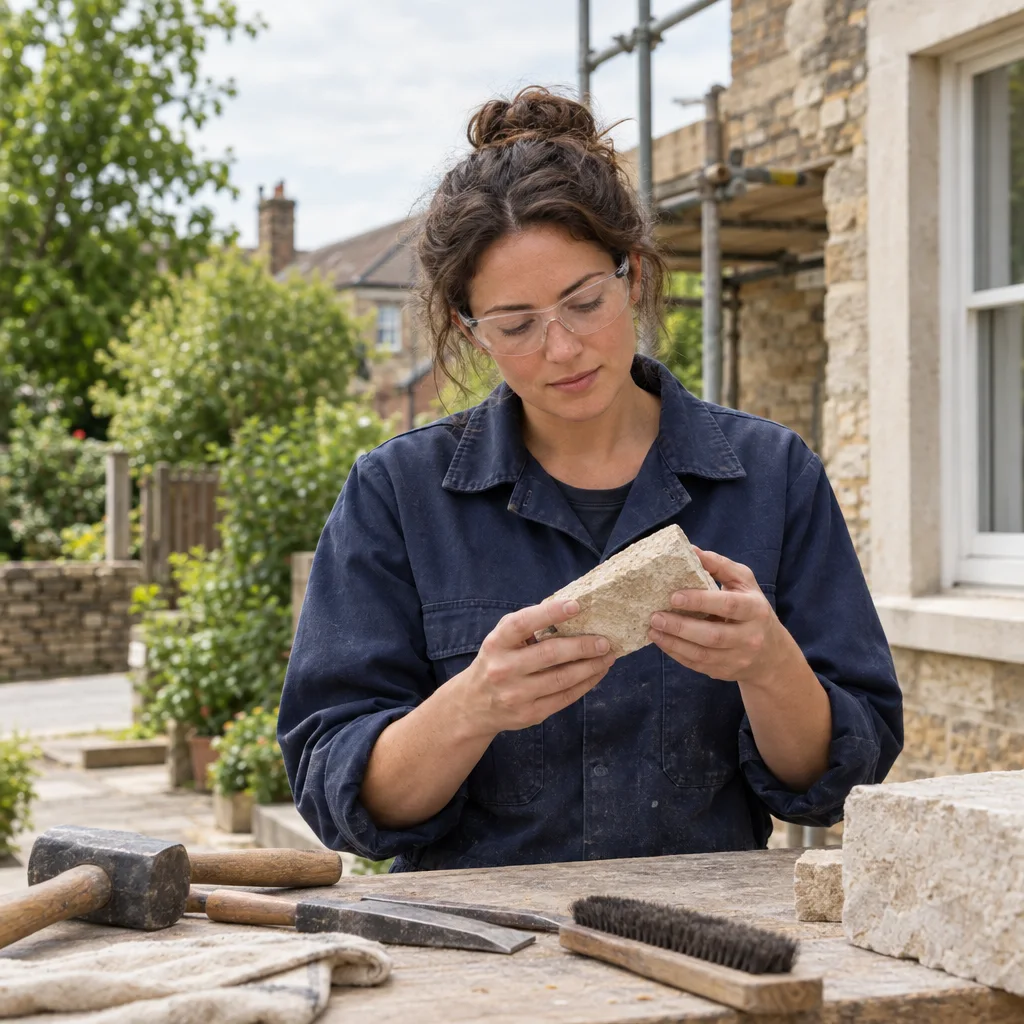 A stonemason examining a limestone sample at a renovation workbench