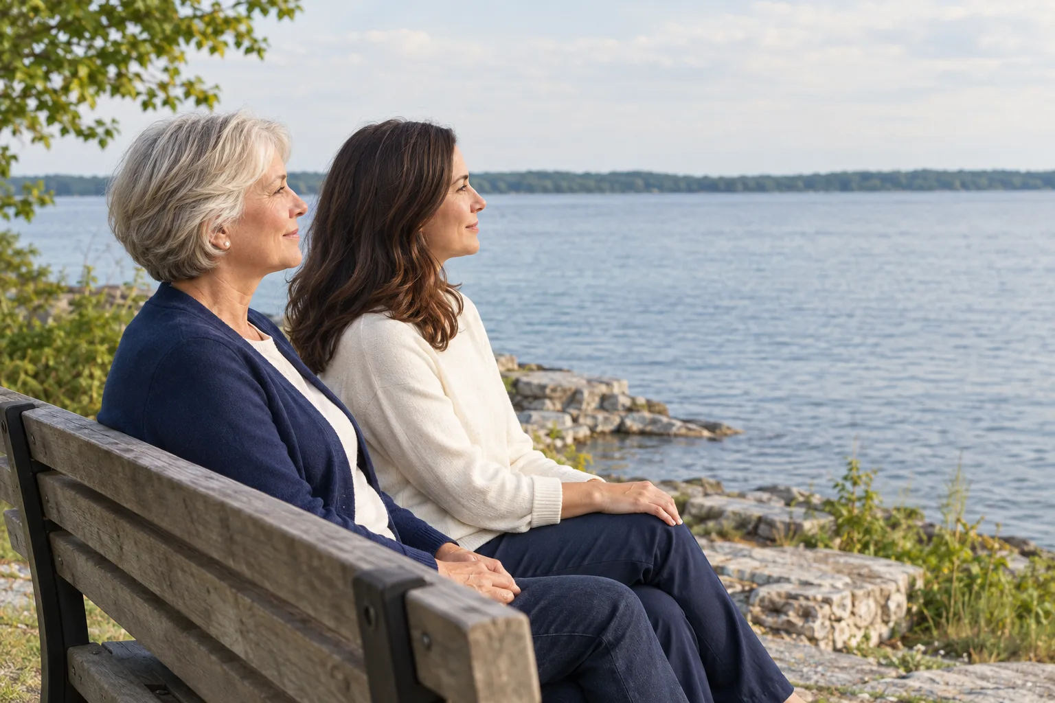 A woman and her adult daughter sharing time beside a broad lake