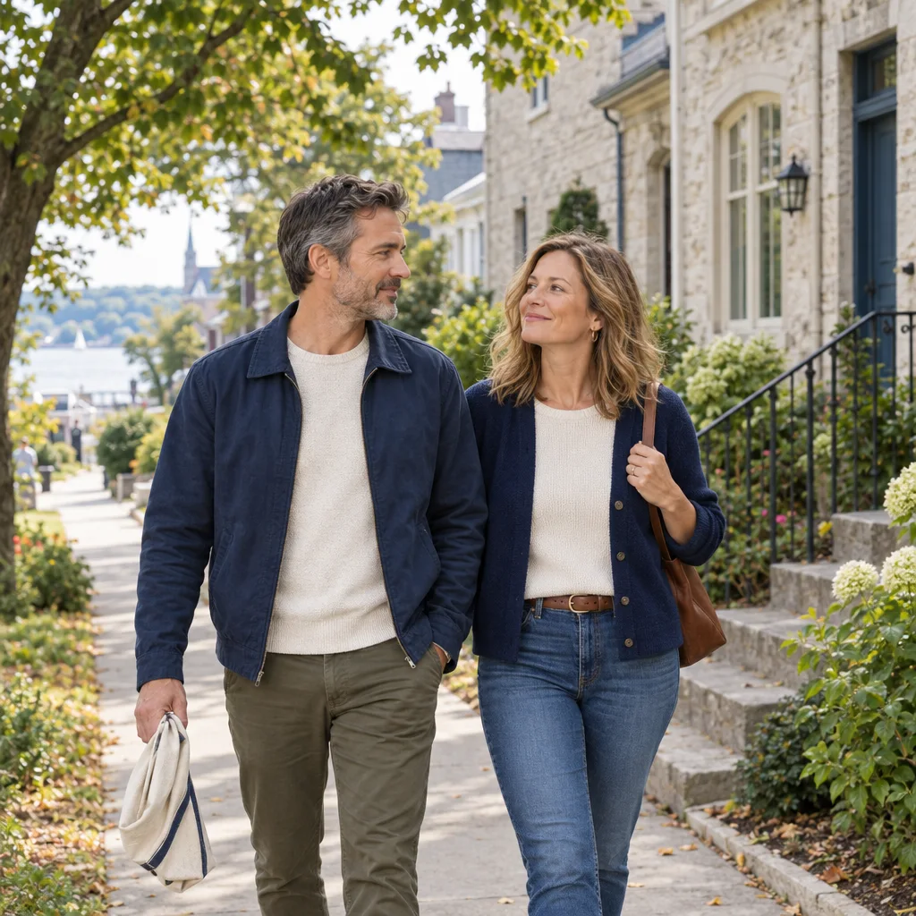 A couple walking past limestone homes in a Kingston-inspired neighbourhood