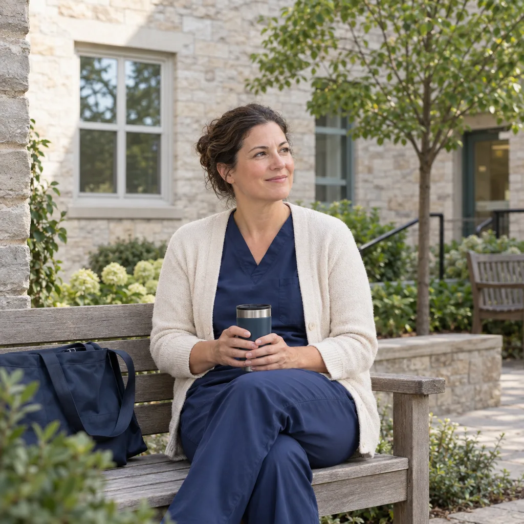 A healthcare professional taking a break outside a limestone clinic setting