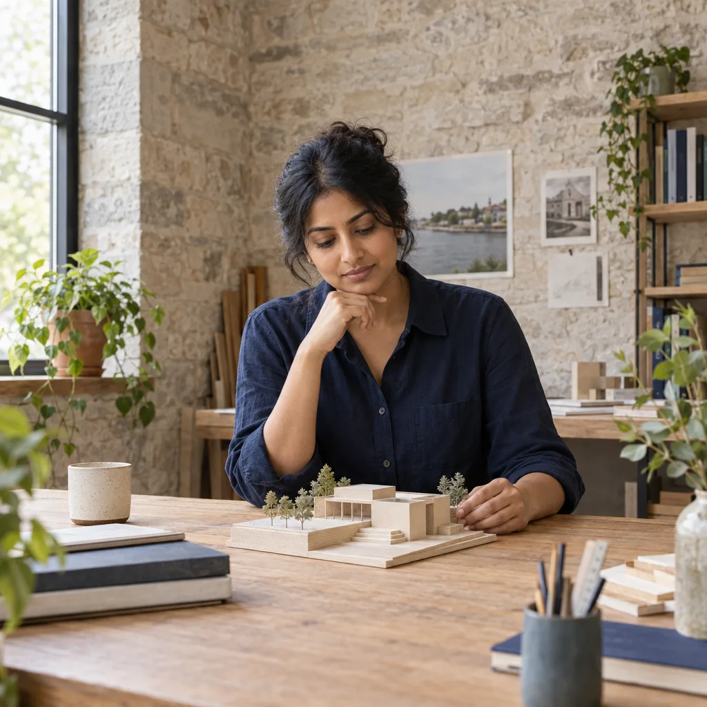 An architect studying a small model in her limestone-walled studio