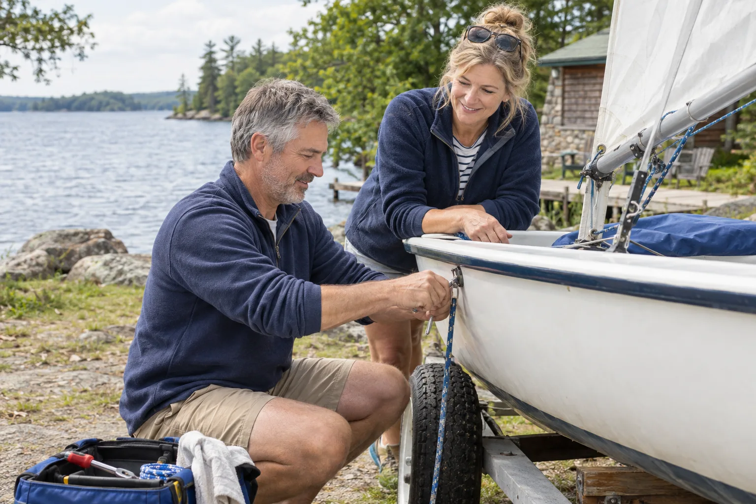 A couple maintaining a small sailing boat on shore