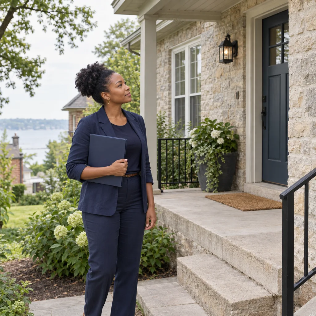 A real estate professional visiting the entrance of a limestone home