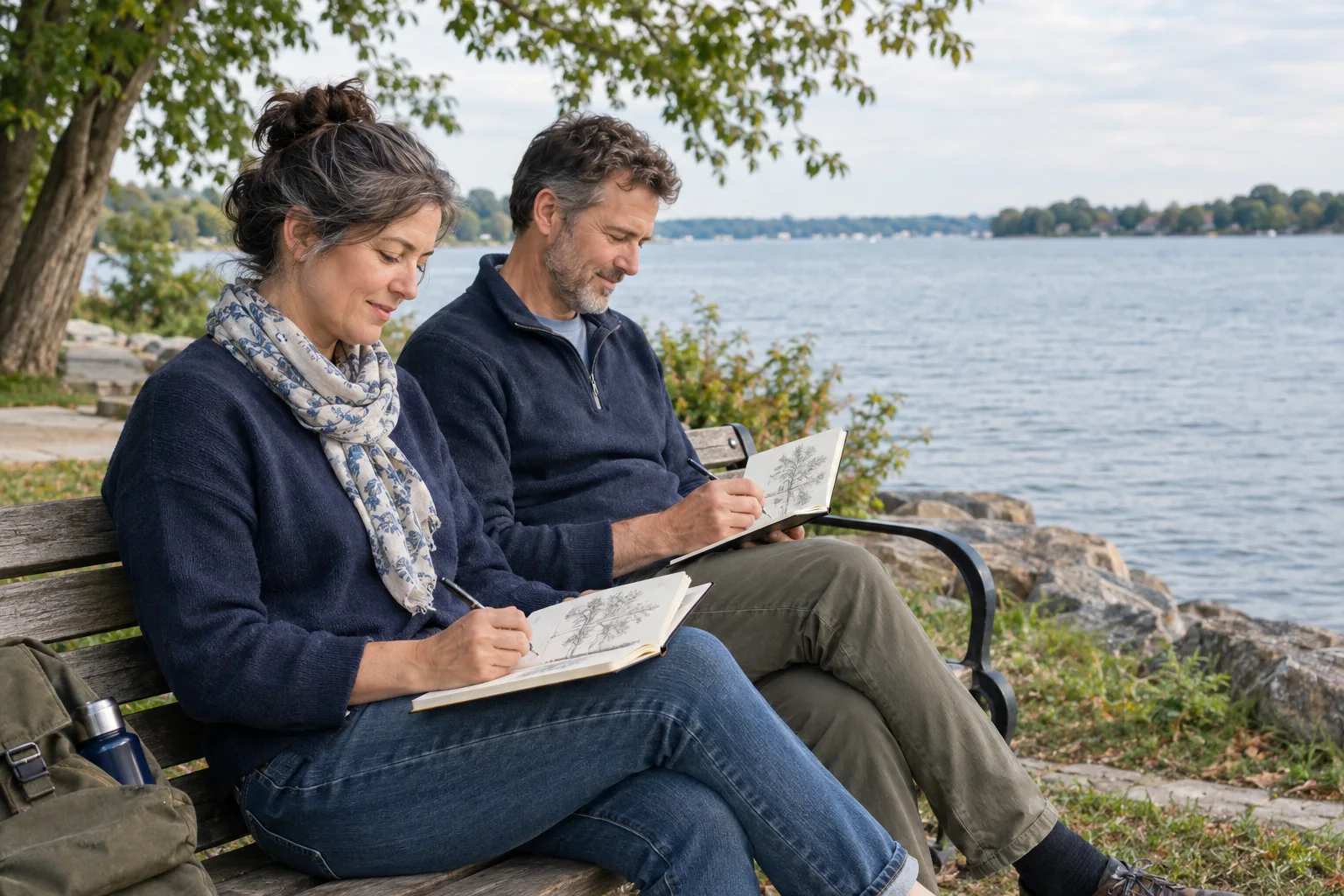 A couple drawing in sketchbooks on a lakeside bench